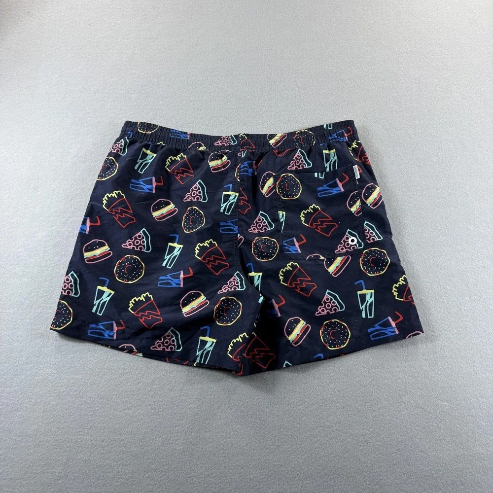Maamgic Swim Trunks‎ Mens Large Blue Fast Food Print Mesh Lined Elastic Waist